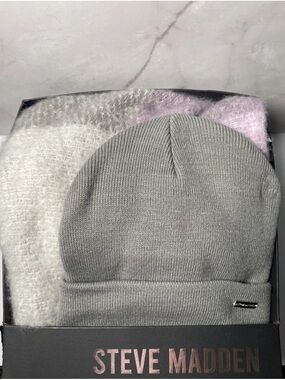 Steve Madden Gray Beanie and Cashmere-like Lavender, Grey, and White Scarf Set